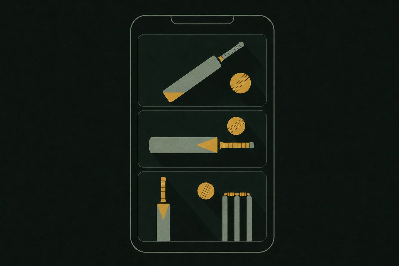 Cricket and football betting markets on mobile — CKBD Guide Illustration: a phone screen showing three cricket betting rows with bats, balls and stumps