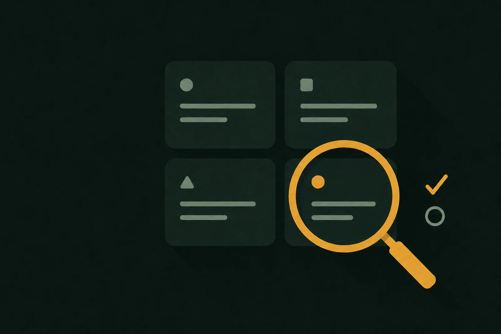 Checking an online casino before you register — CKBD Guide Illustration: four cards of information with a magnifying glass over one of them, a checkmark and an empty circle beside it
