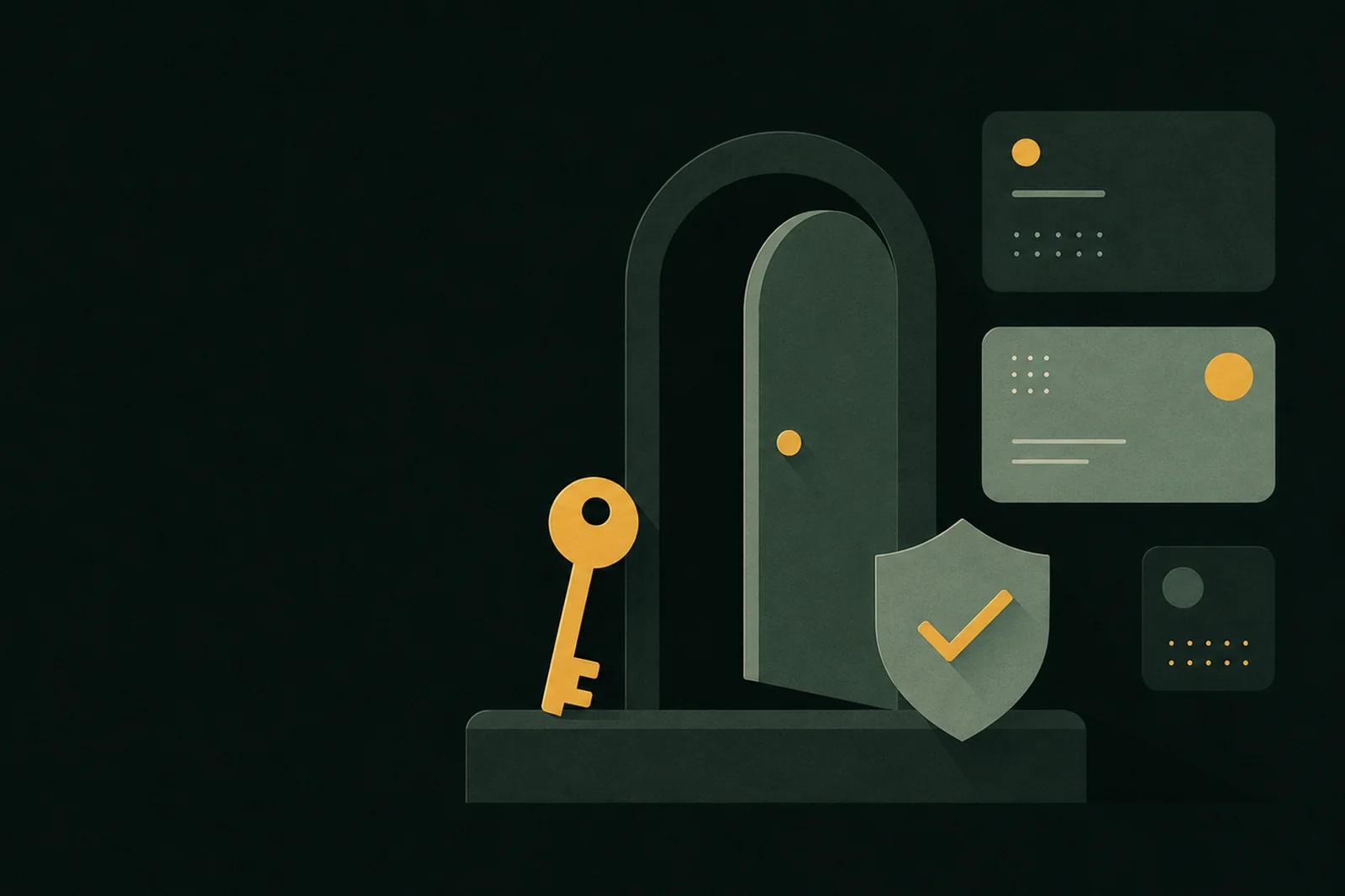 Casino account access and KYC verification — CKBD Guide Illustration: an open doorway with a golden key, a shield with a checkmark and payment cards beside it